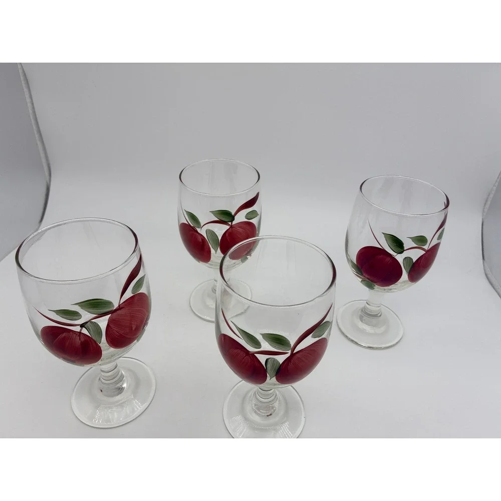 Vintage Hand Painted Apple Wine Glasses Set of 4 Red Fruit Motif Goblets